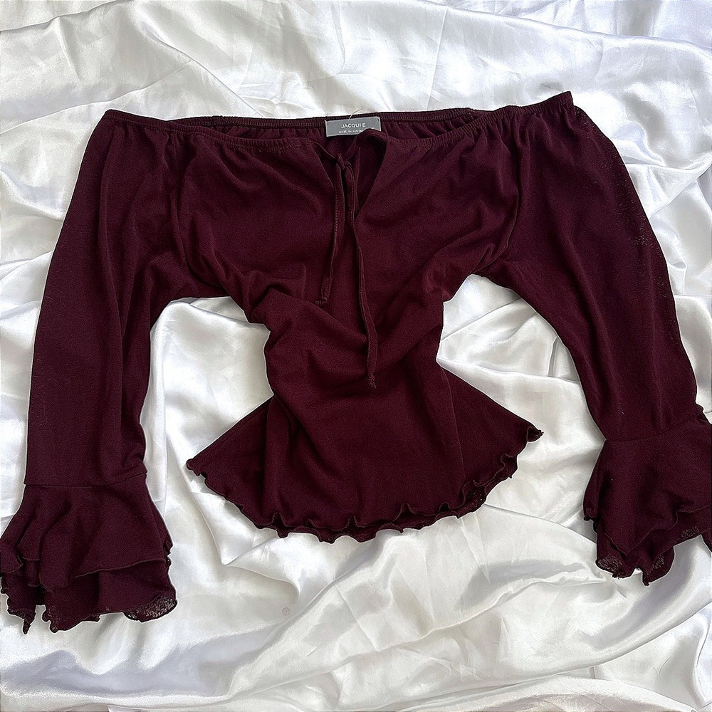 Jacqui E Burgundy Off Shoulder Ruffle Bell Sleeve Tie Front Top XS Burgundy